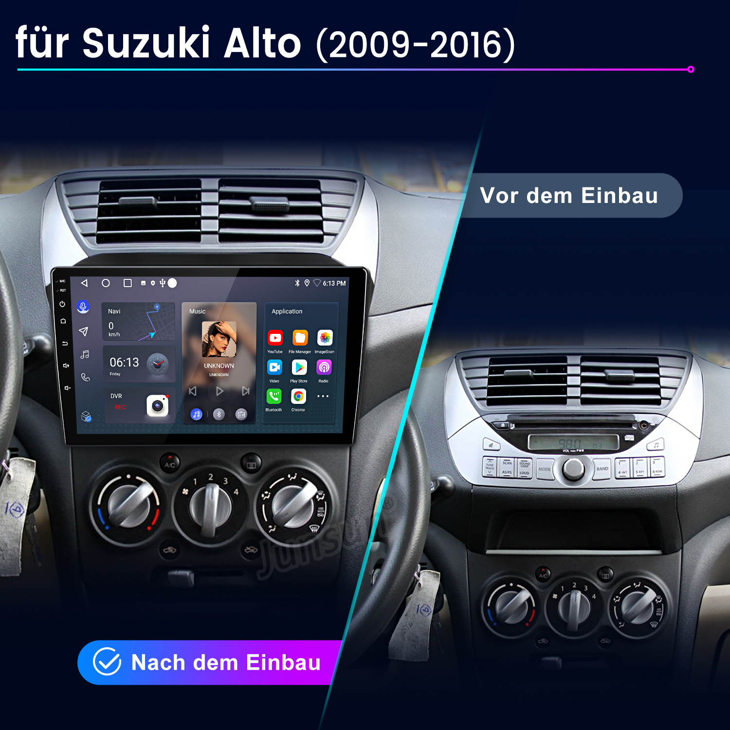 Einbau- und Nachbau-Vergleich eines Suzuki Alto Armaturenbretts mit Touchscreen.