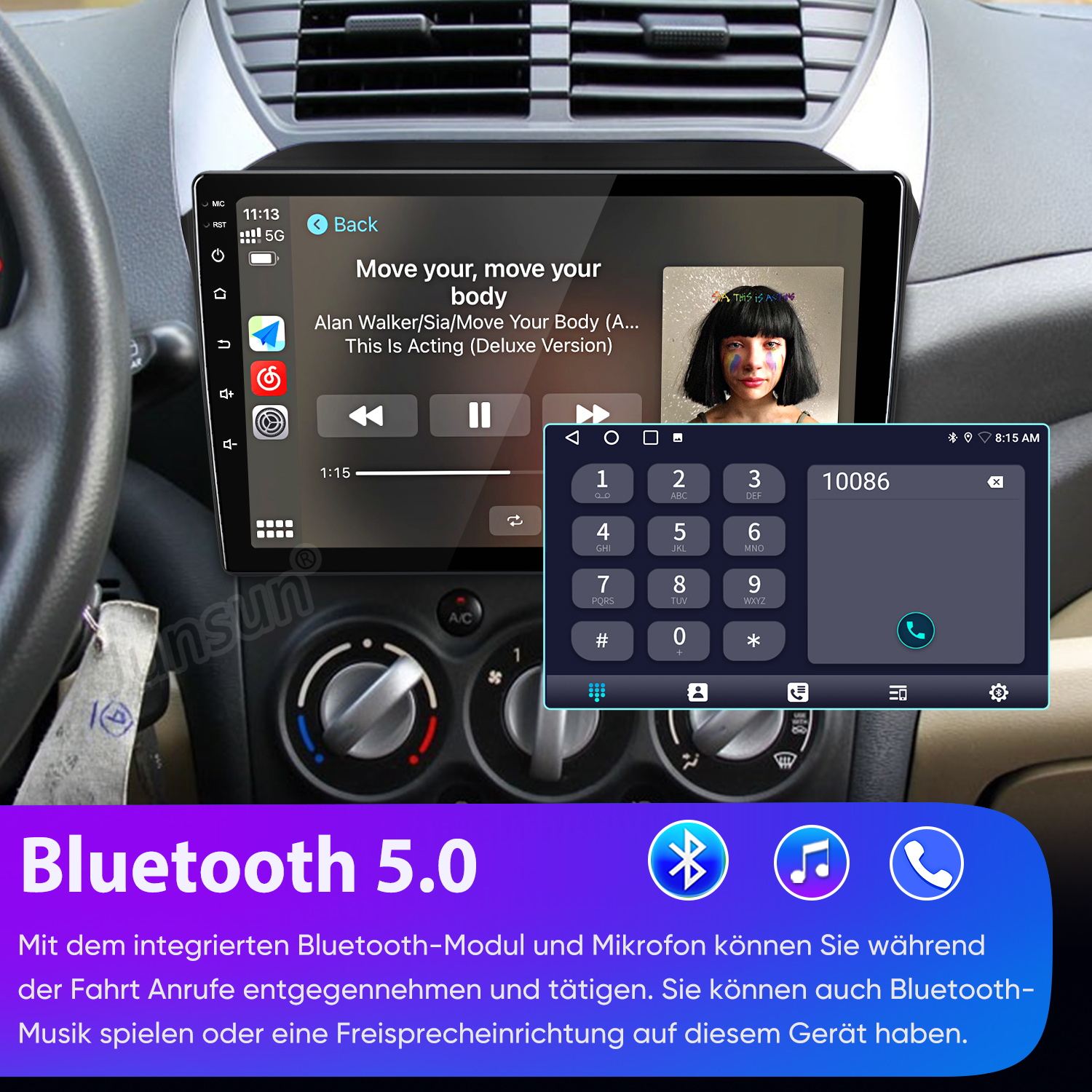 Autoinnenraum mit Touchscreen, zeigt Musik und Telefon. Unten Bluetooth-Symbole.