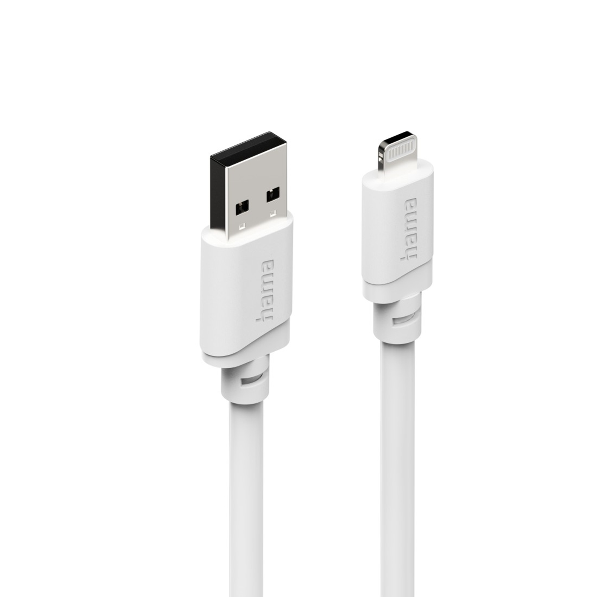 Zwei weiße Ladekabel mit USB-A und Lightning-Anschlüssen auf weißem Hintergrund.