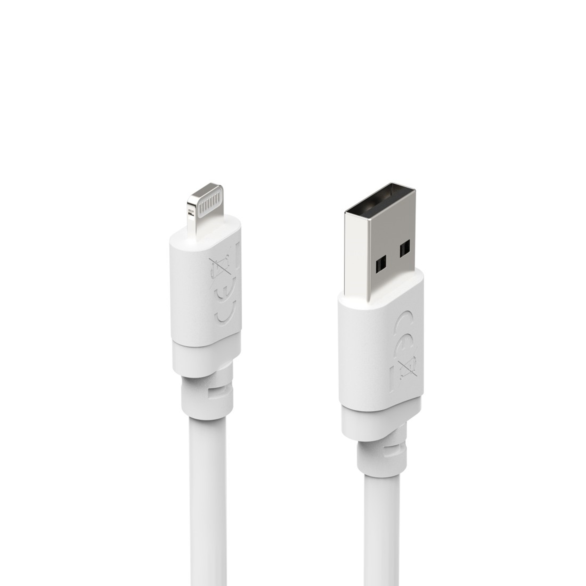 Ein weißes USB-C-Kabel und ein weißes Lightning-Kabel nebeneinander.