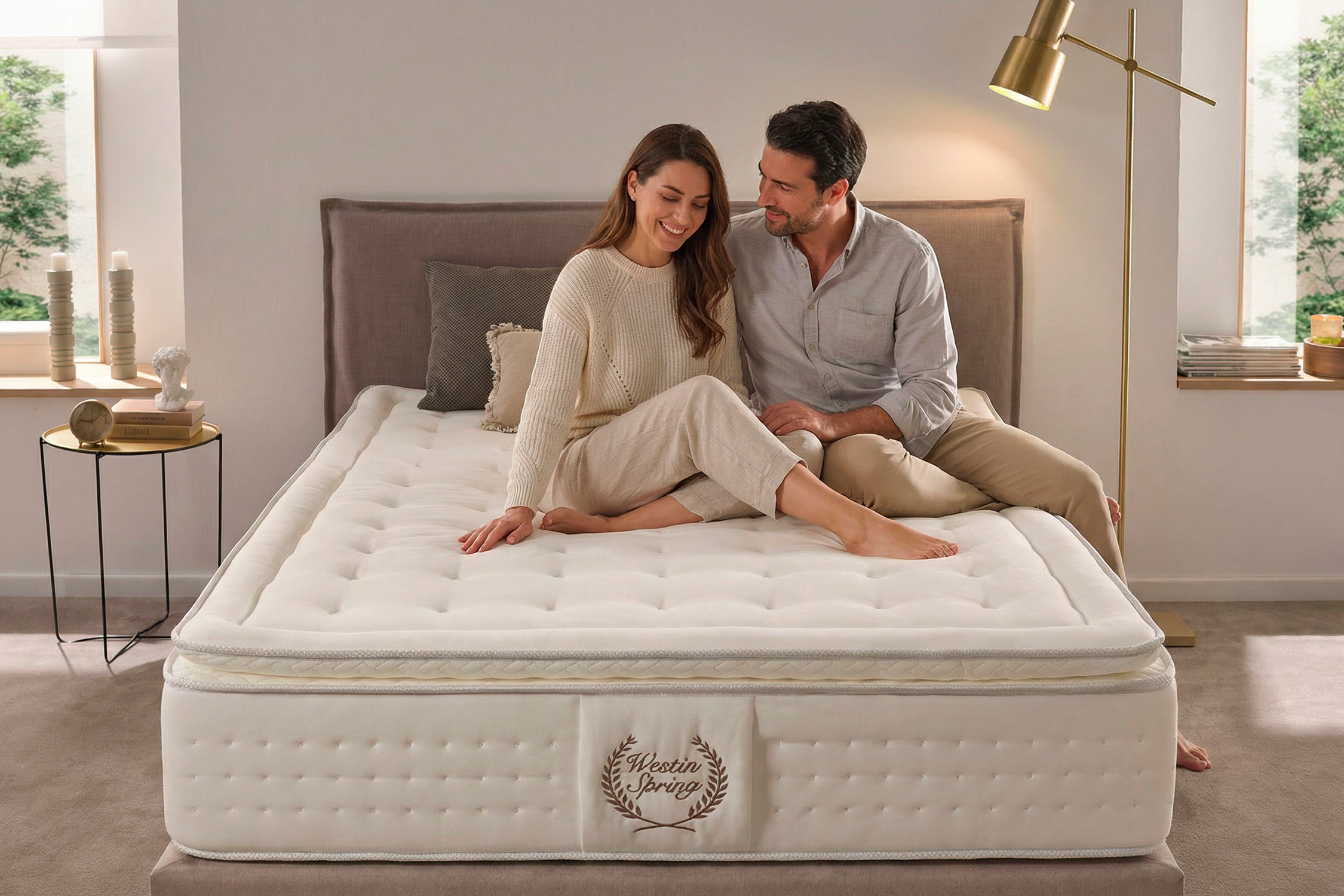 Un hombre y una mujer sentados sonriendo en una cama blanca con ropa de cama blanca.