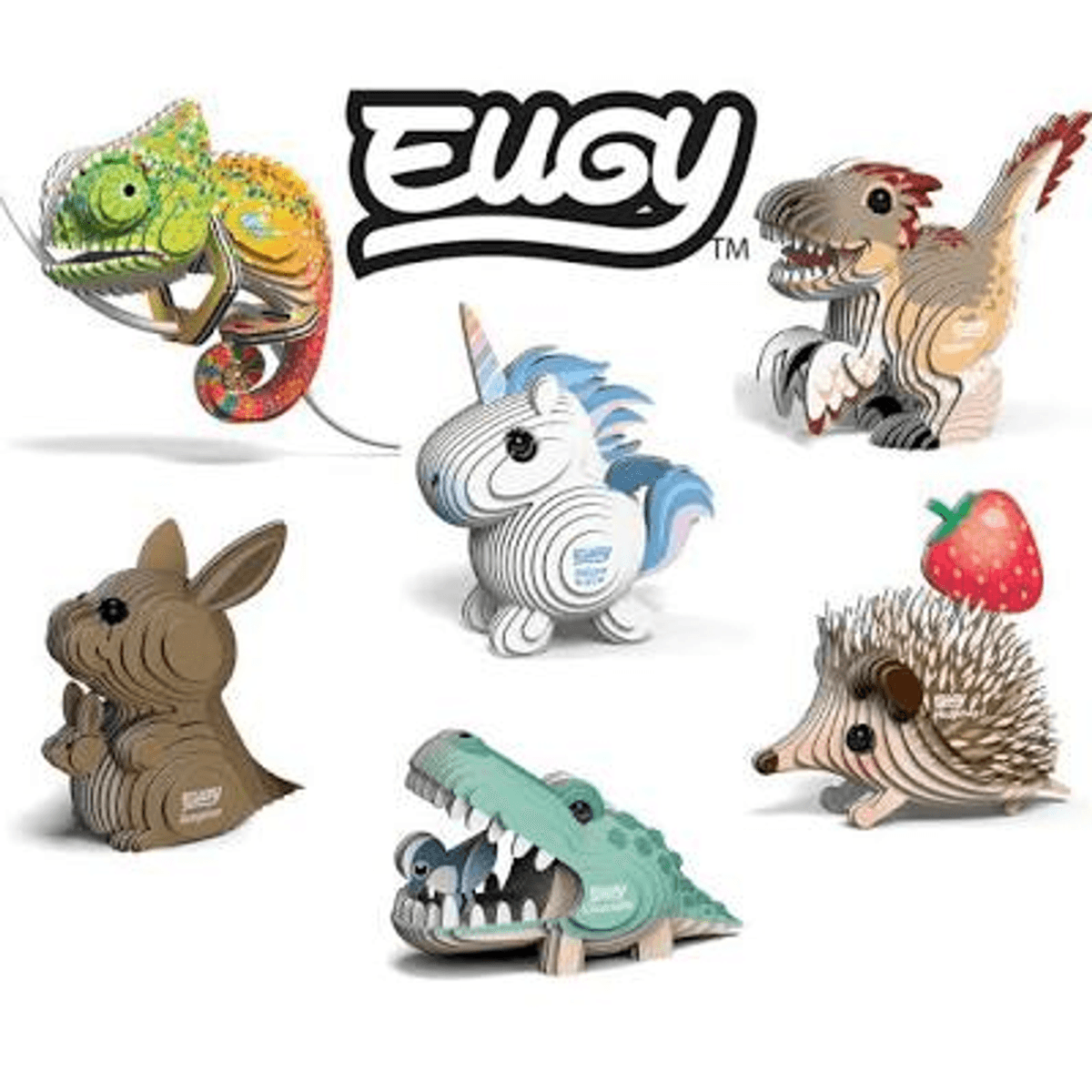 Eine Sammlung von Eugy 3D-Modellen: Chamäleon, Einhorn, Dinosaurier, Känguru, Krokodil, Igel mit Erdbeere.