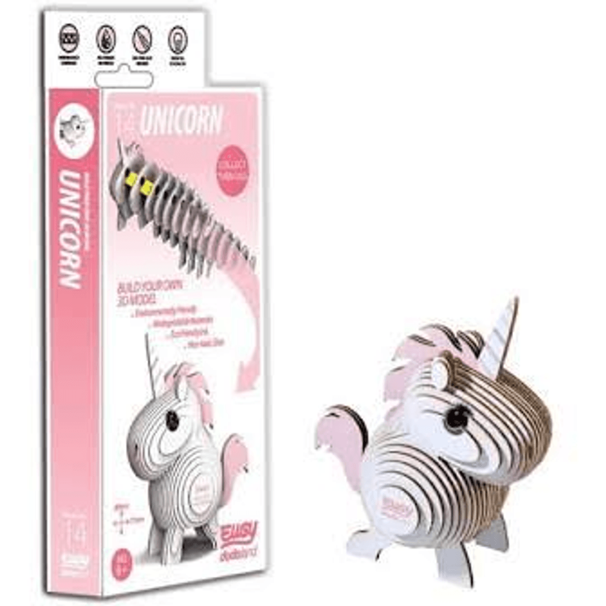 Ein rosa Karton mit einem Einhorn-3D-Modell-Bausatz und einem fertig zusammengebauten Einhorn.