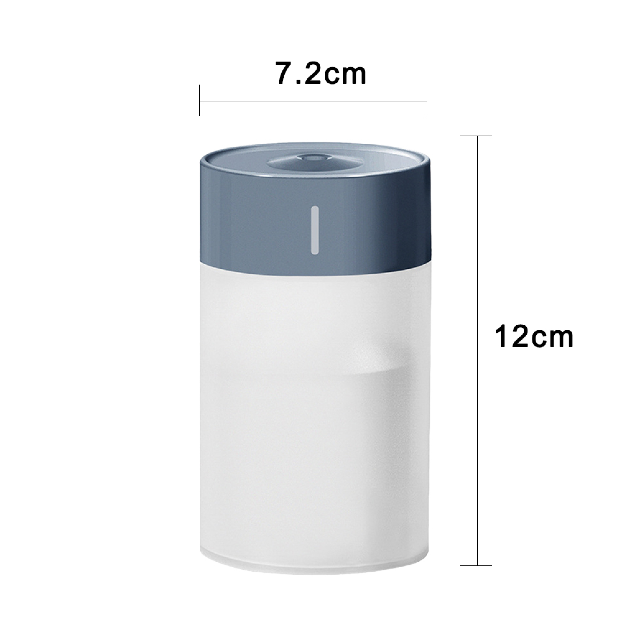 Ein weißer Behälter mit blauem Deckel und Maßen von 7,2 cm Breite und 12 cm Höhe.