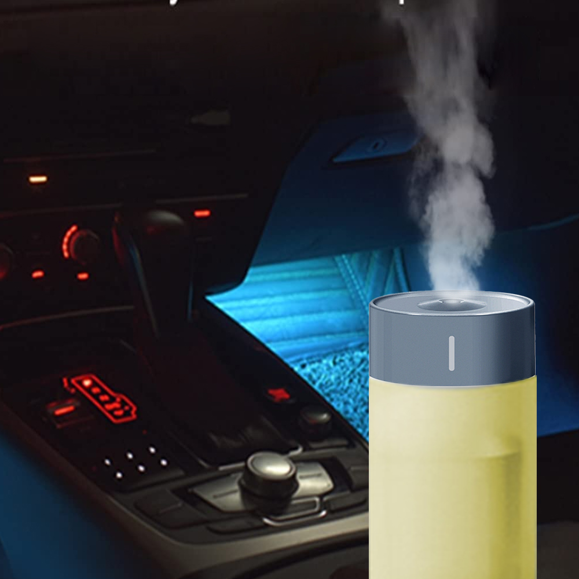 Ein Diffusor gibt Dampf im dunklen Auto ab, neben der Mittelkonsole.