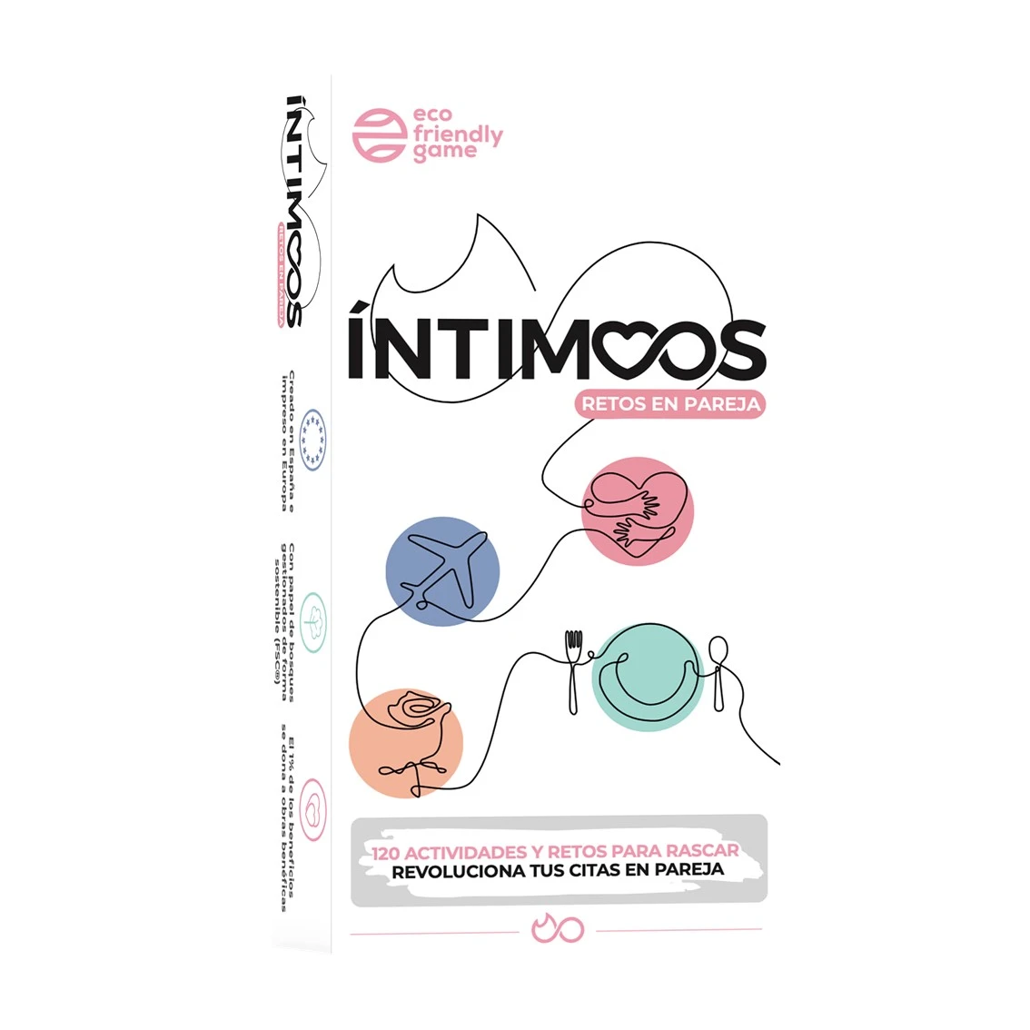Una caja de juego titulada 'ÍNTIMCOS' para parejas, con iconos de viajes, amor y comida.