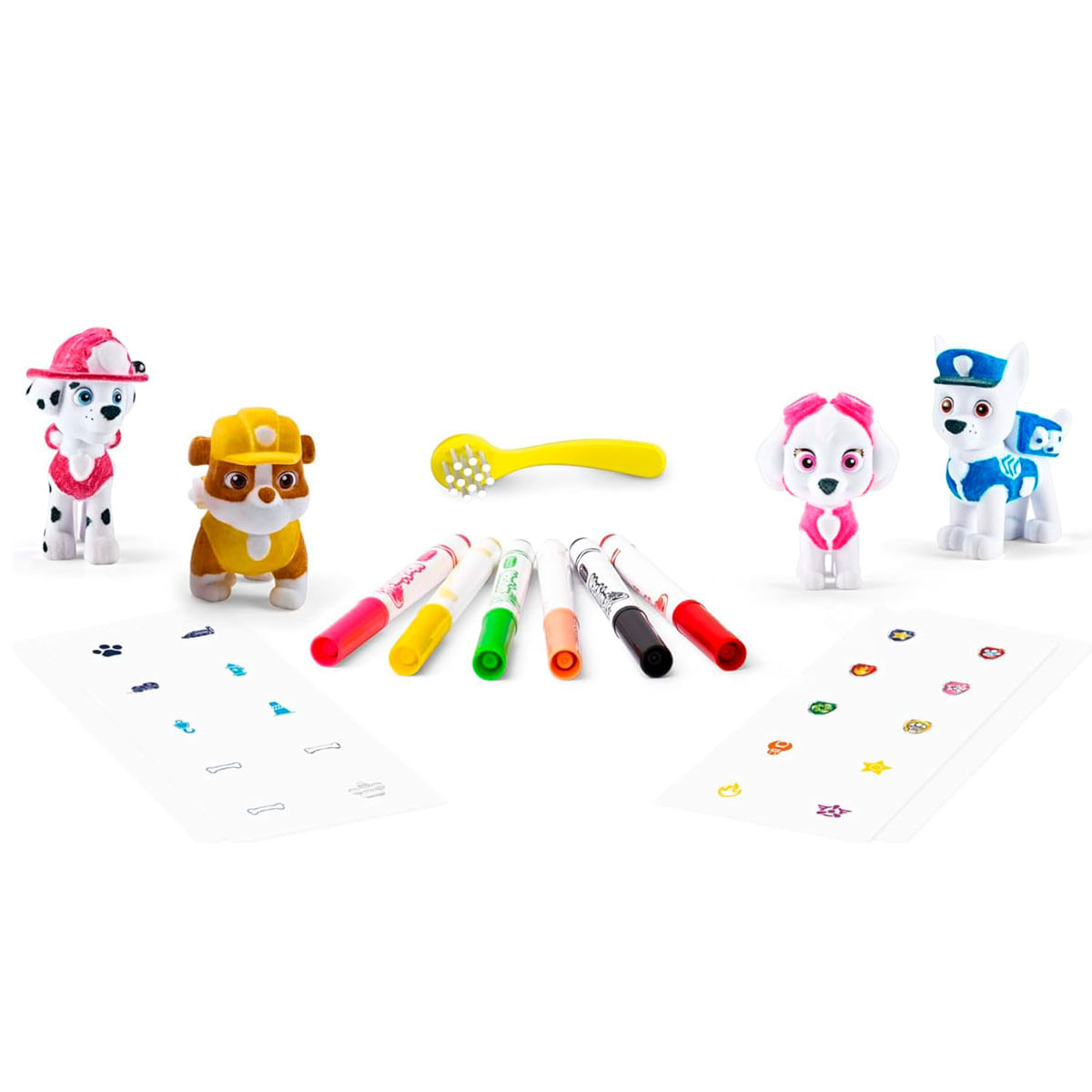 Paw Patrol Figuren, Stifte, Malvorlagen und ein gelber Pinsel.