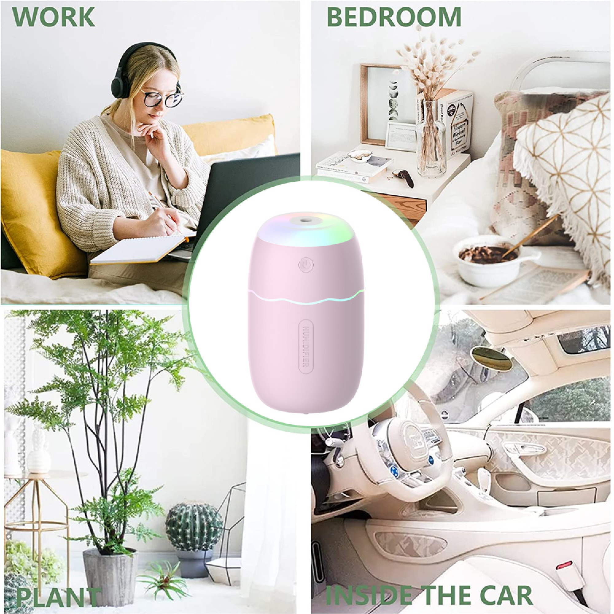 Collage aus einer arbeitenden Frau, einem Schlafzimmer, Pflanzen, einem Autoinnenraum und einem rosa Luftbefeuchter.