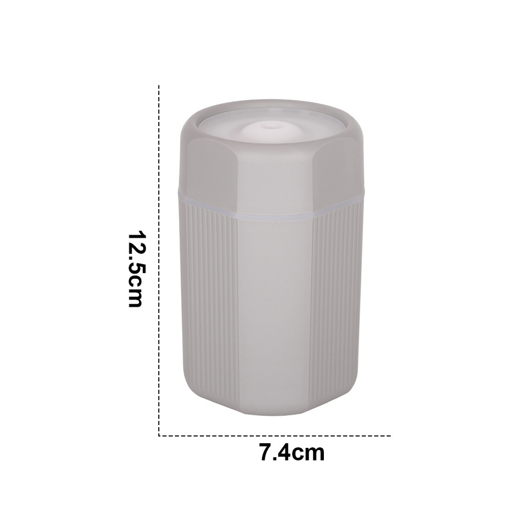 Grauer Behälter mit vertikalen Rillen und weißem Deckel. Maße: 12,5 cm hoch, 7,4 cm breit.