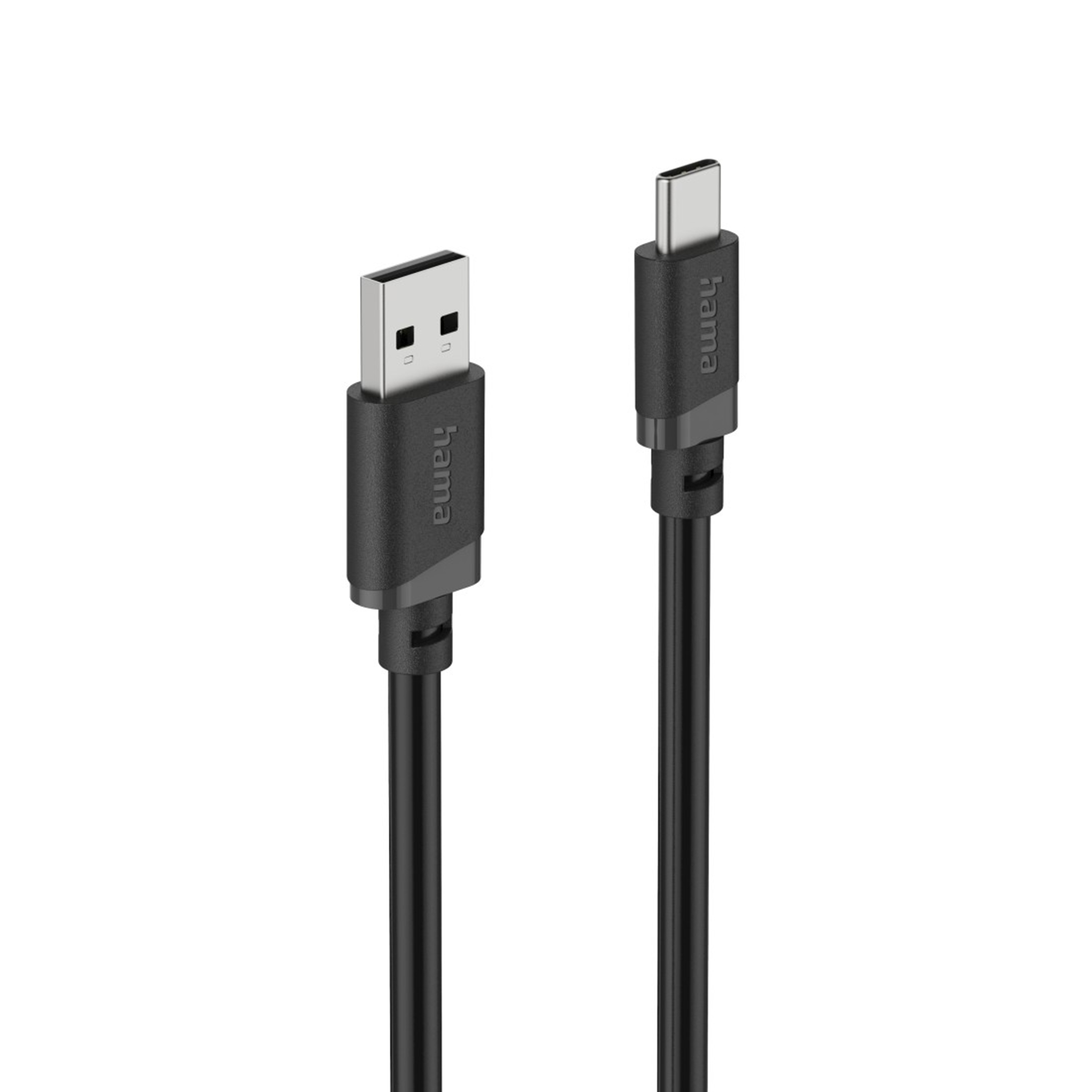 Ein schwarzes USB-A-zu-USB-C-Kabel mit Hama-Logo. Weißer Hintergrund.