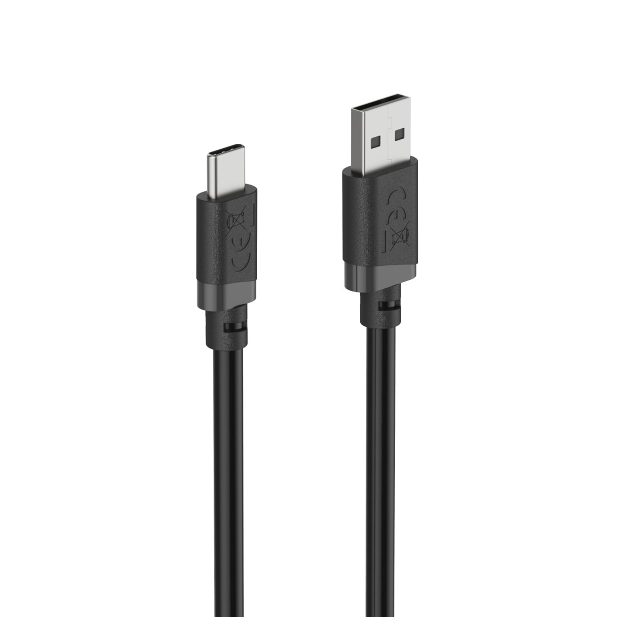 Ein schwarzes USB-C- und ein USB-A-Kabel nebeneinander auf weißem Hintergrund.
