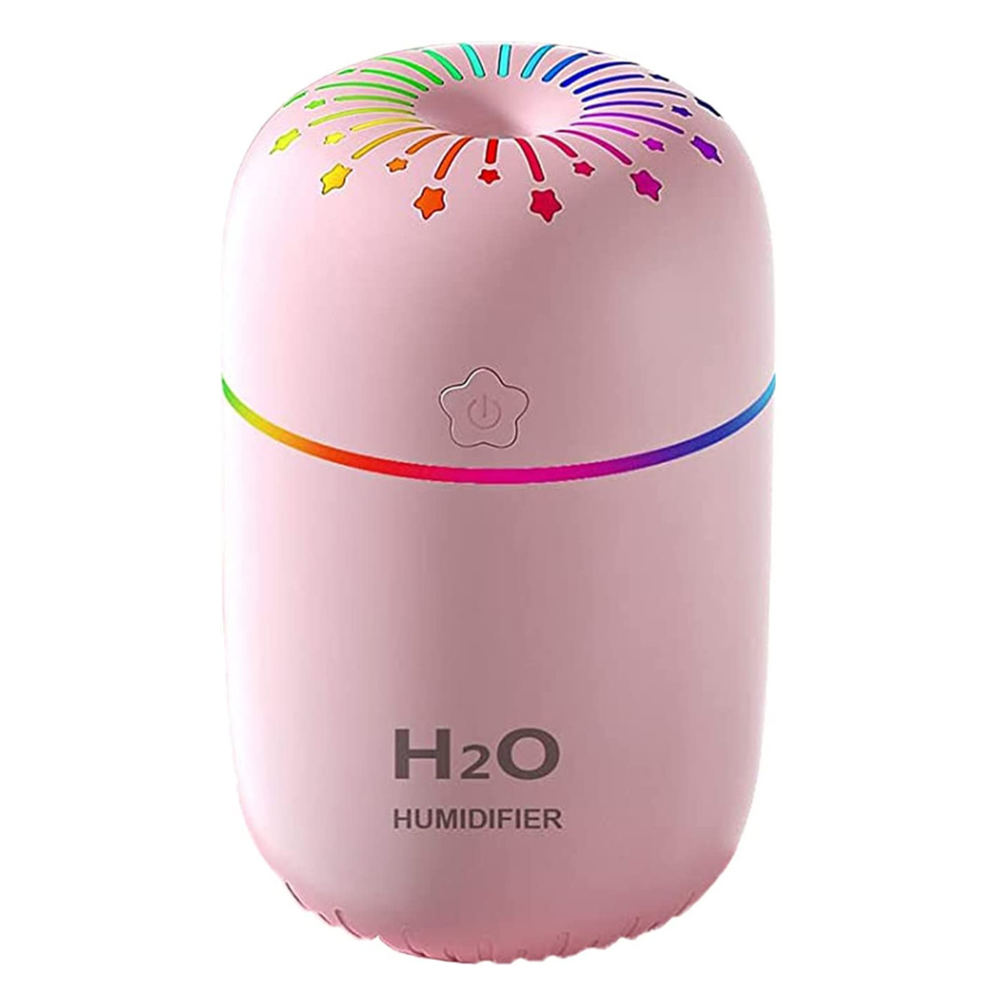 Ein rosa H2O-Luftbefeuchter mit Sternenmuster und Regenbogenlicht.