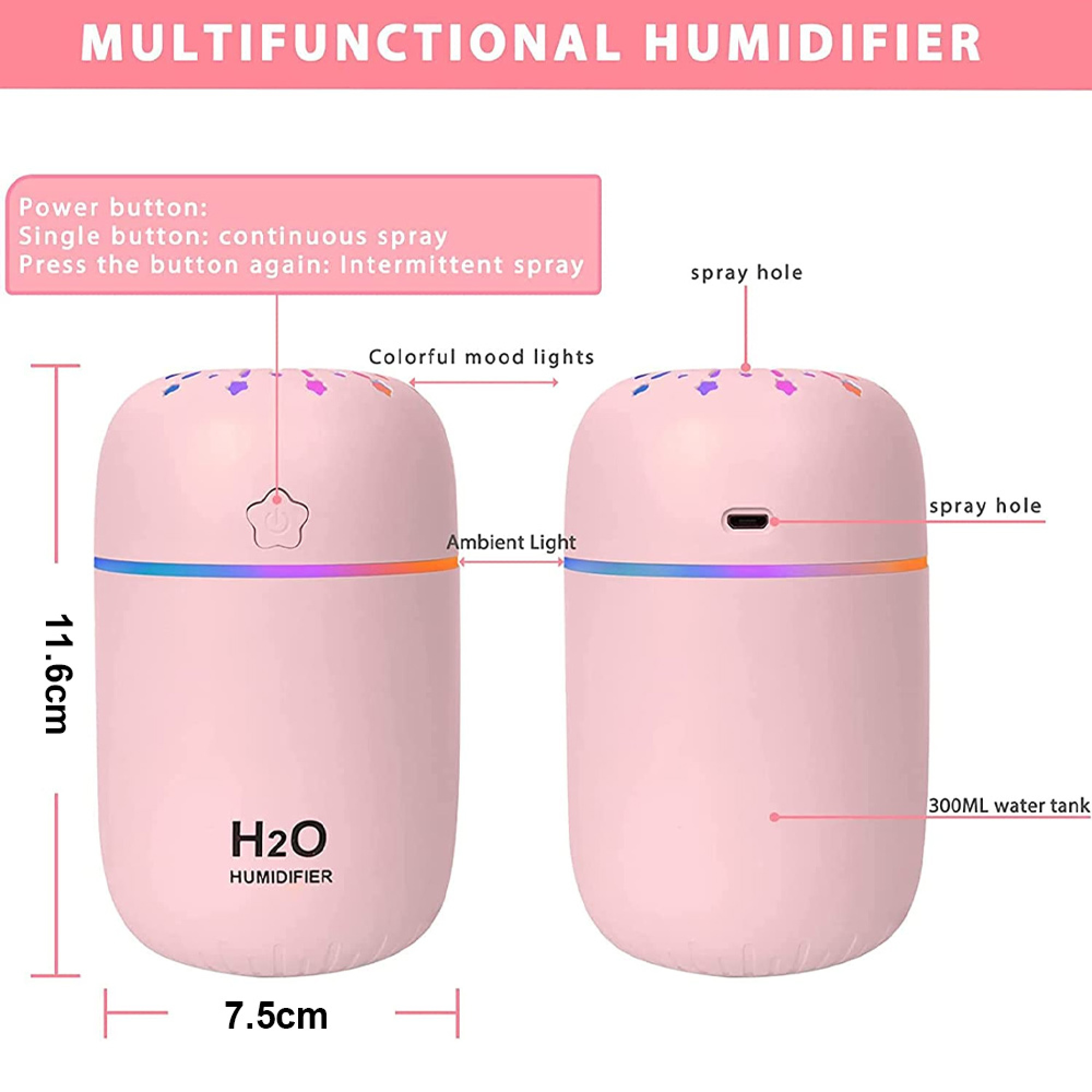 Zwei rosa Luftbefeuchter mit bunten Lichtern und Maßen, H2O-Logo.