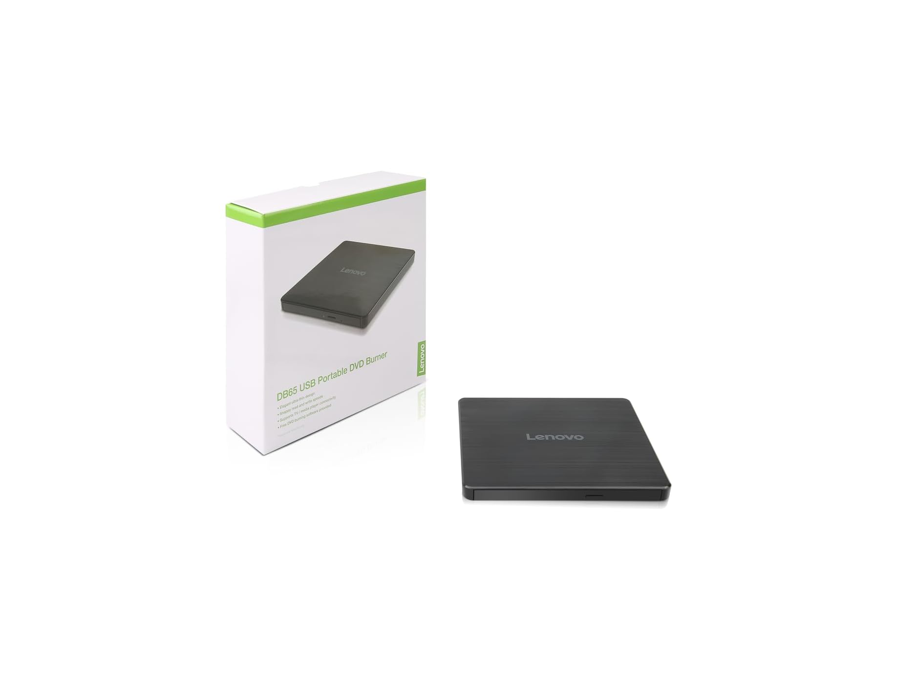 Ein schwarzer Lenovo DVD-Brenner und seine weiße Verpackung mit grünen Akzenten.