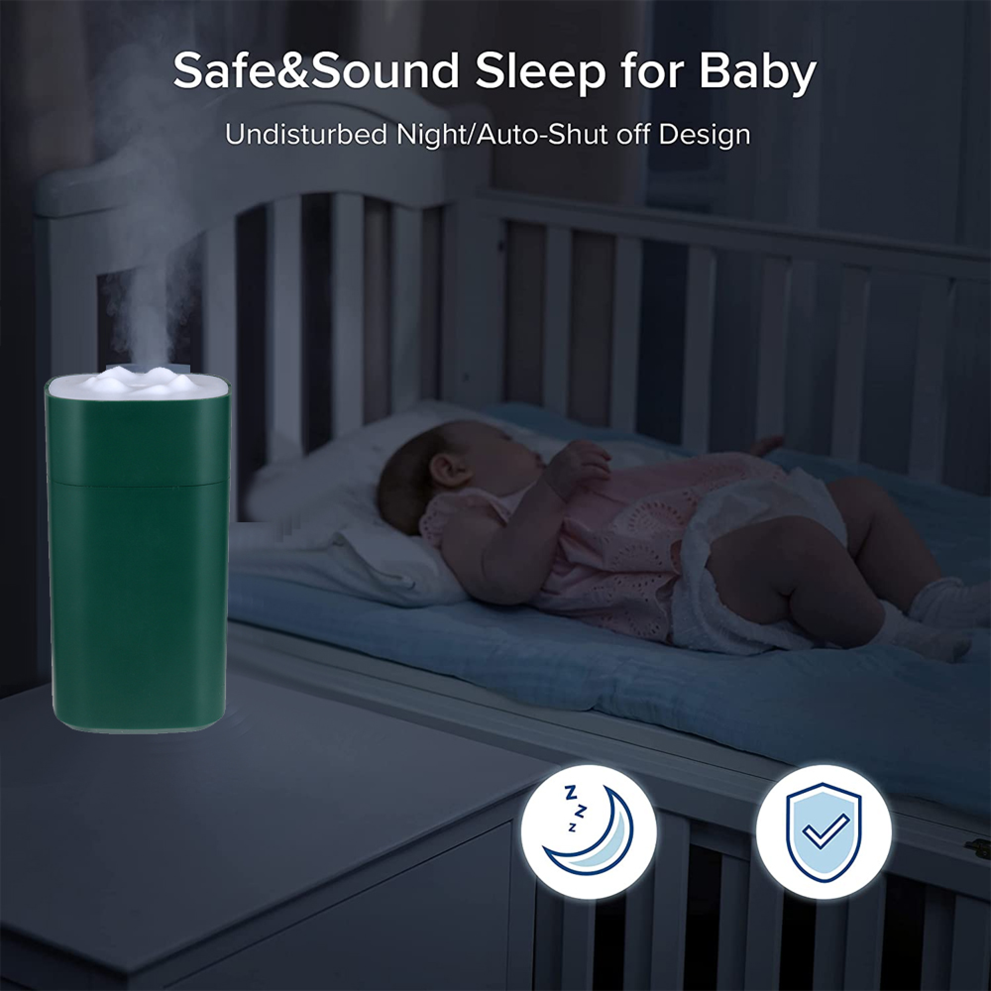 Ein grüner Luftbefeuchter gibt Nebel ab, ein Baby schläft in einem Bett.