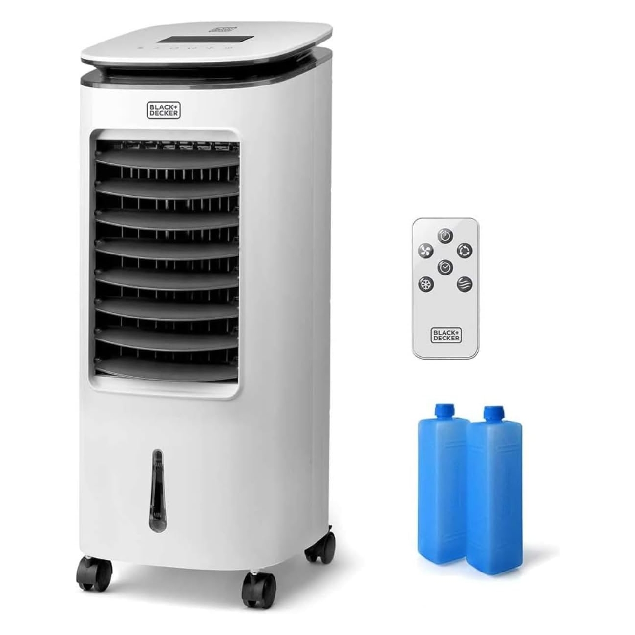 Un climatizzatore bianco con telecomando e due impacchi di ghiaccio blu.