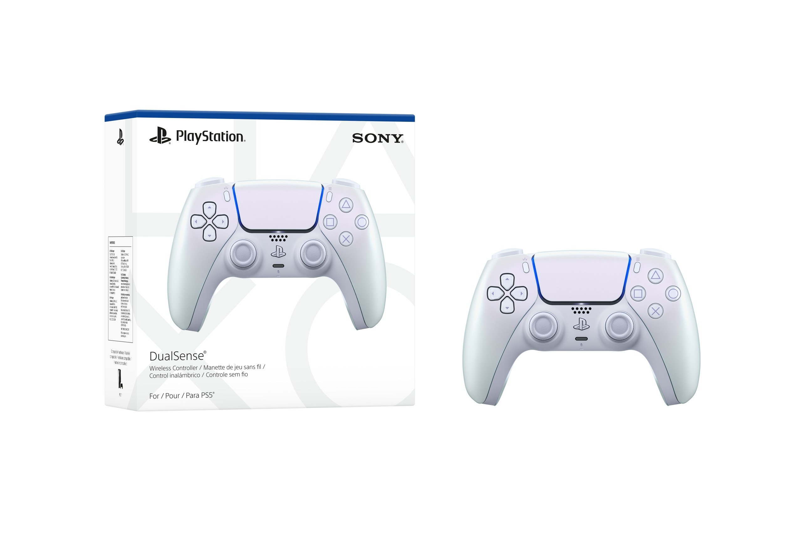 Un controller DualSense bianco PlayStation 5 accanto alla sua confezione.