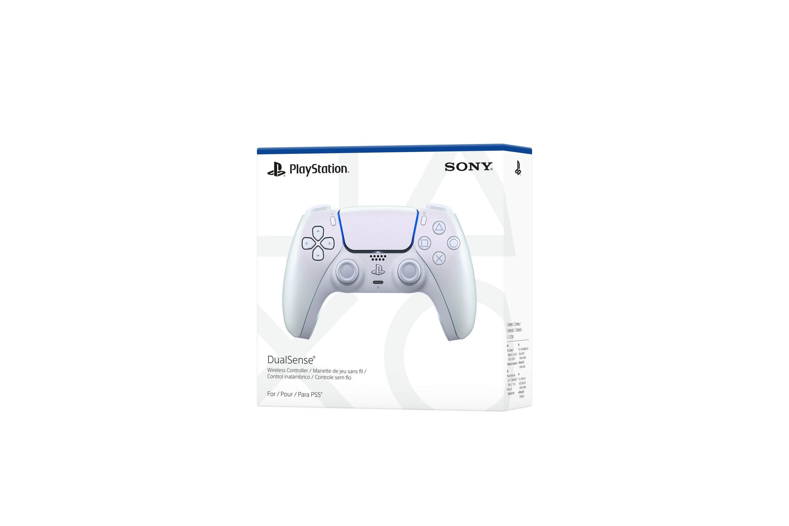 Scatola bianca controller PlayStation DualSense con illustrazione.
