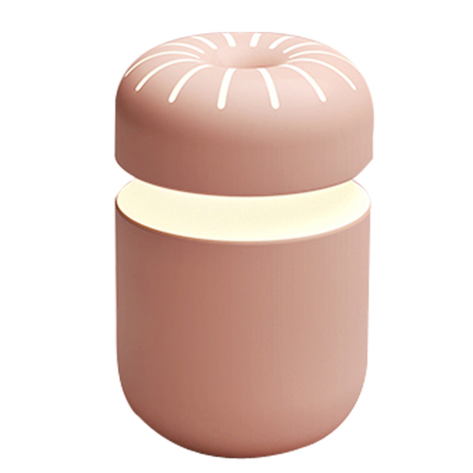 Eine rosafarbene Lampe mit Schlitzen im oberen Teil und einem leuchtenden Kern.