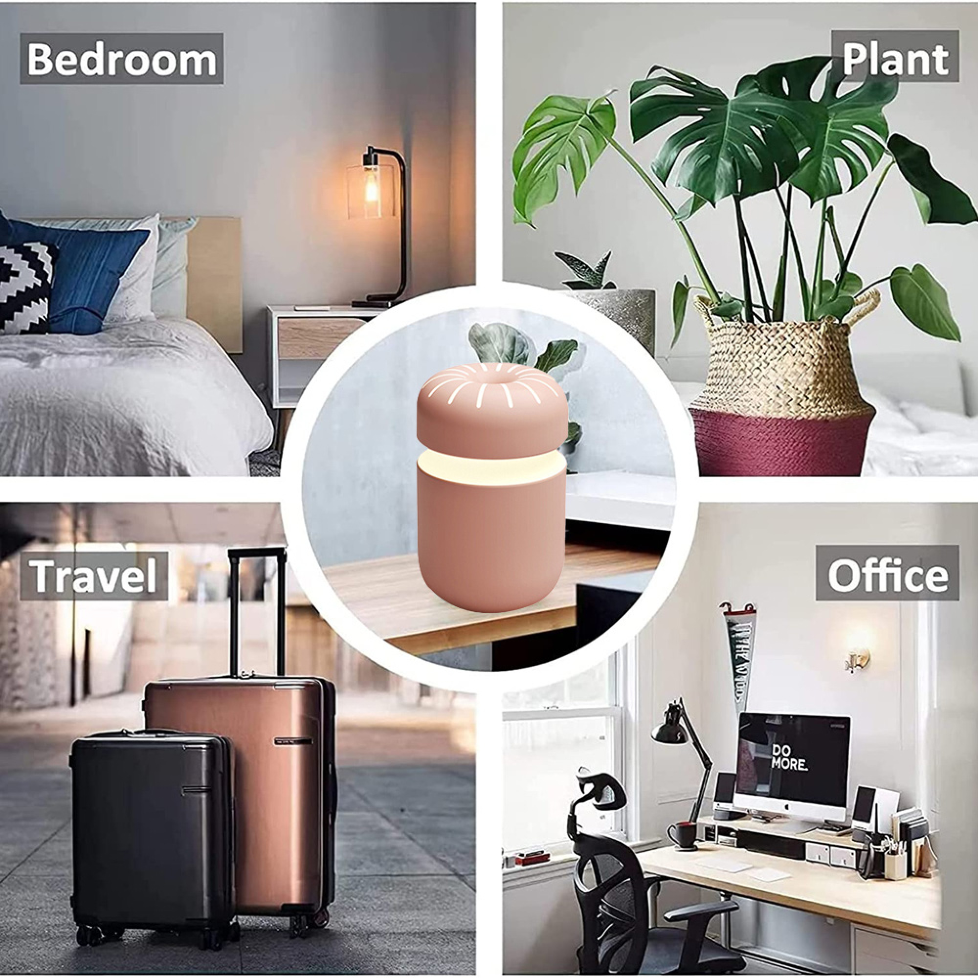 Collage zeigt Schlafzimmer, Pflanze, Reisekoffer und Büro.