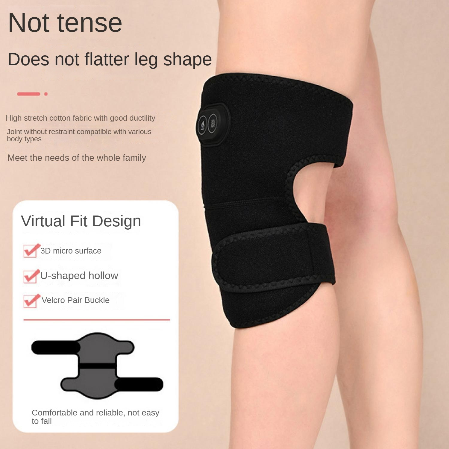 Eine schwarze Kniebandage mit U-förmigem Ausschnitt wird am Bein einer Person getragen.