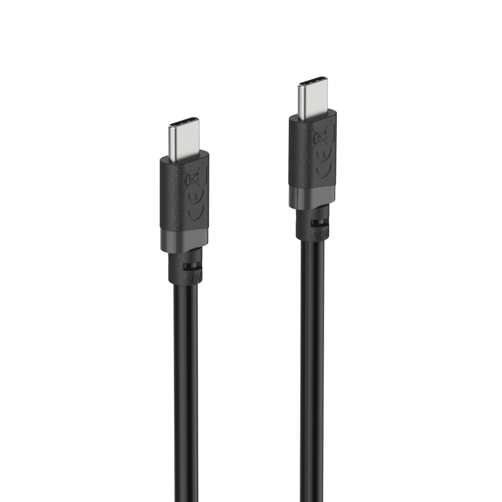Zwei schwarze USB-C-Kabel mit silbernen Anschlüssen liegen nebeneinander.