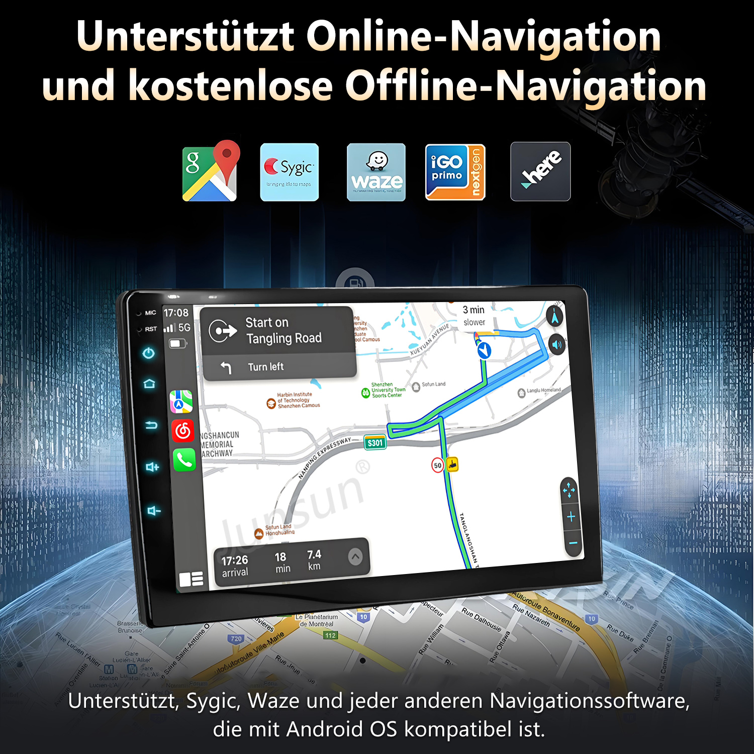Ein Navigationsgerät zeigt eine Karte mit Routen und App-Symbolen. Es unterstützt Online- und Offline-Navigation.
