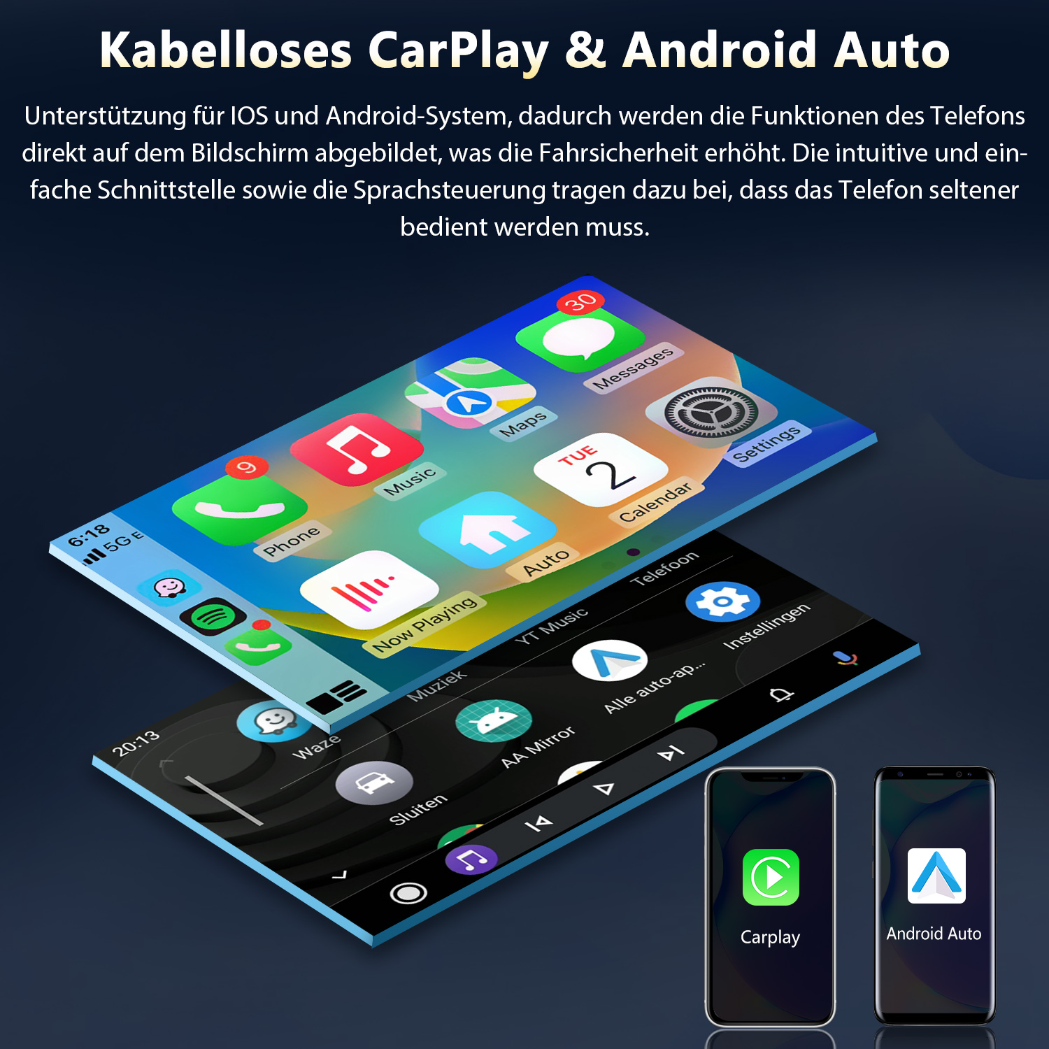 Zwei Smartphones, die CarPlay und Android Auto darstellen, auf einem dunklen Hintergrund.