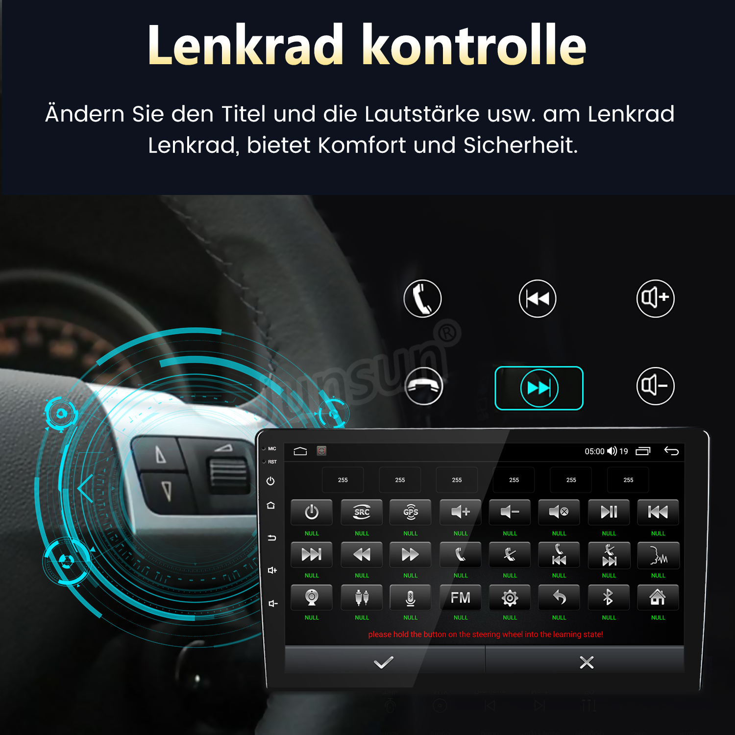 Lenkrad mit Touchscreen-Display, das die Lautstärke und Titel steuert.