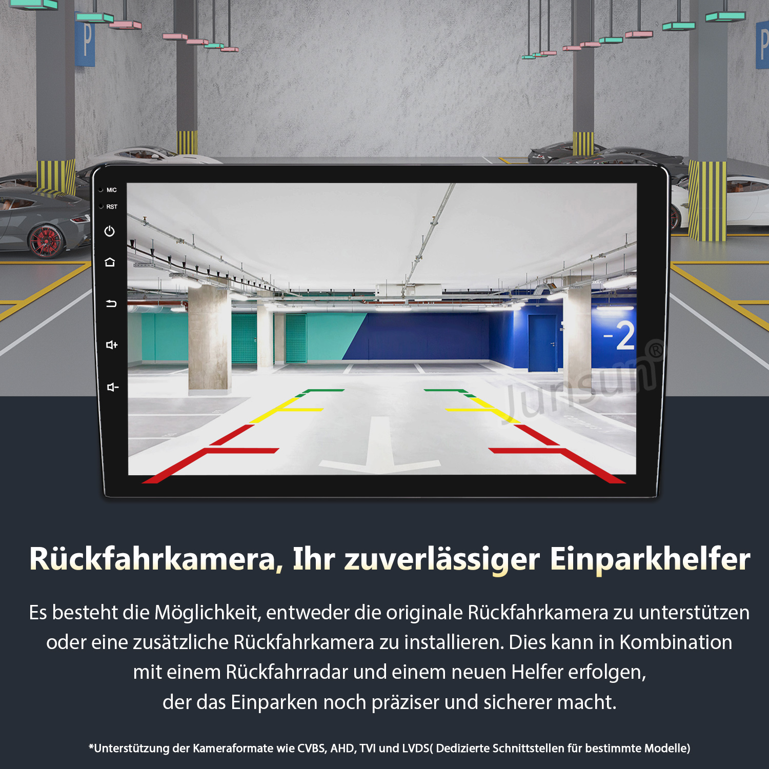 Rückfahrkamera zeigt Parkplatz mit Markierungen und Autos.