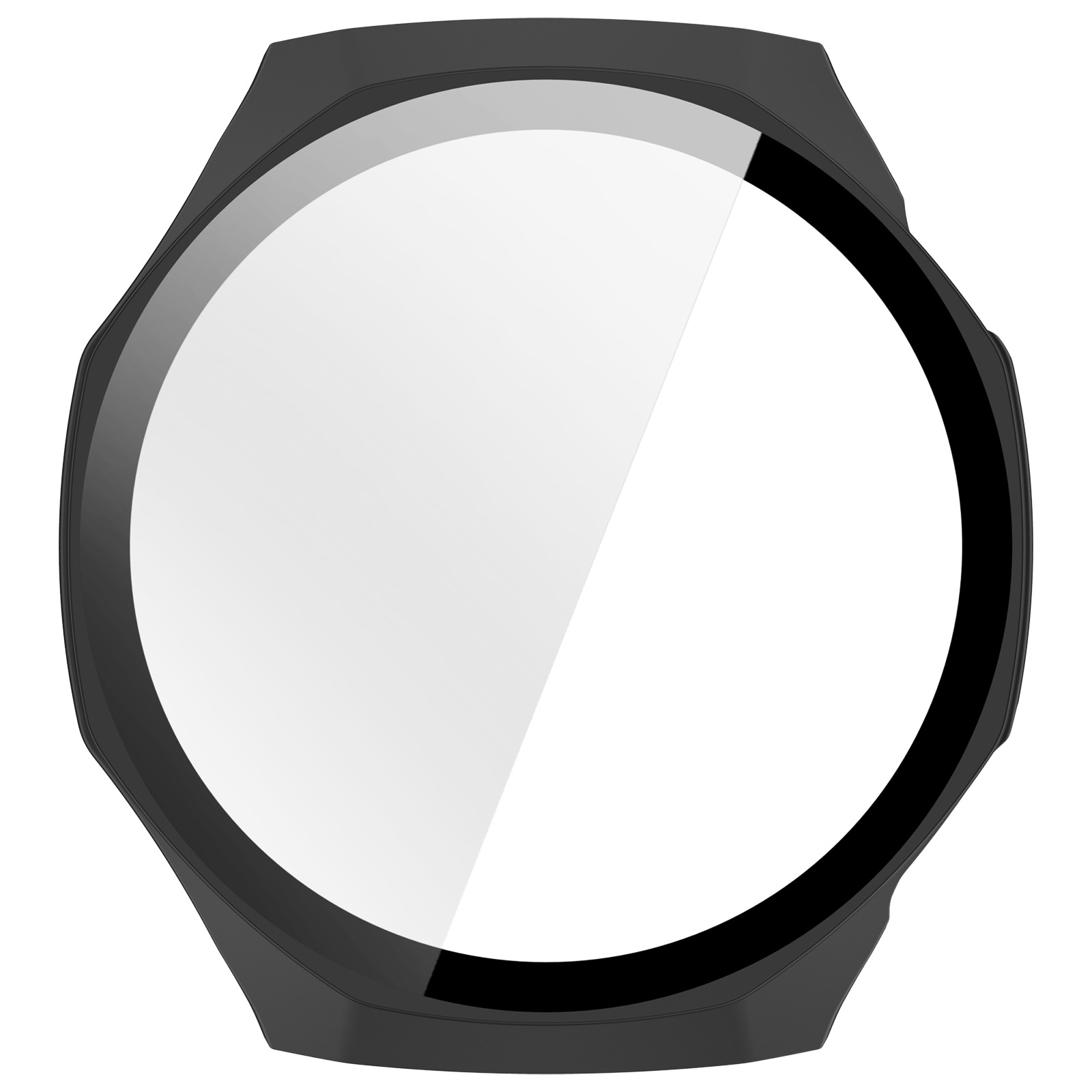 Primo piano della cassa di uno smartwatch nero con quadrante bianco.
