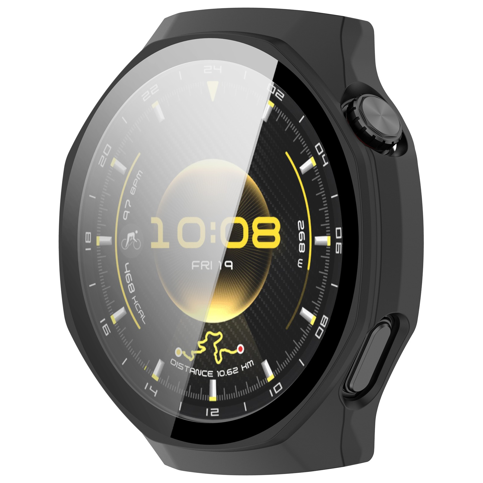 Smartwatch nero con display rotondo. Mostra 10:08, 97 BPM, 468 kcal, 10.62 km.