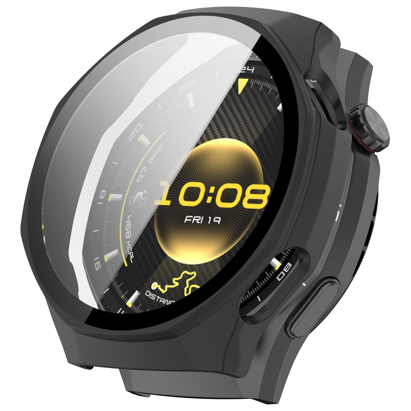 Uno smartwatch nero mostra le 10:08 e i dati dell'allenamento.