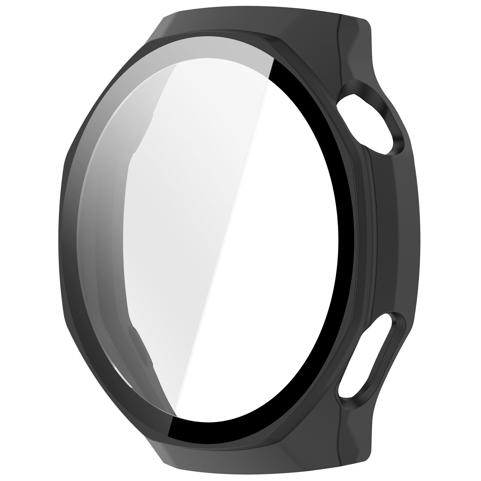Protezione orologio nera con display trasparente. Sfondo bianco.