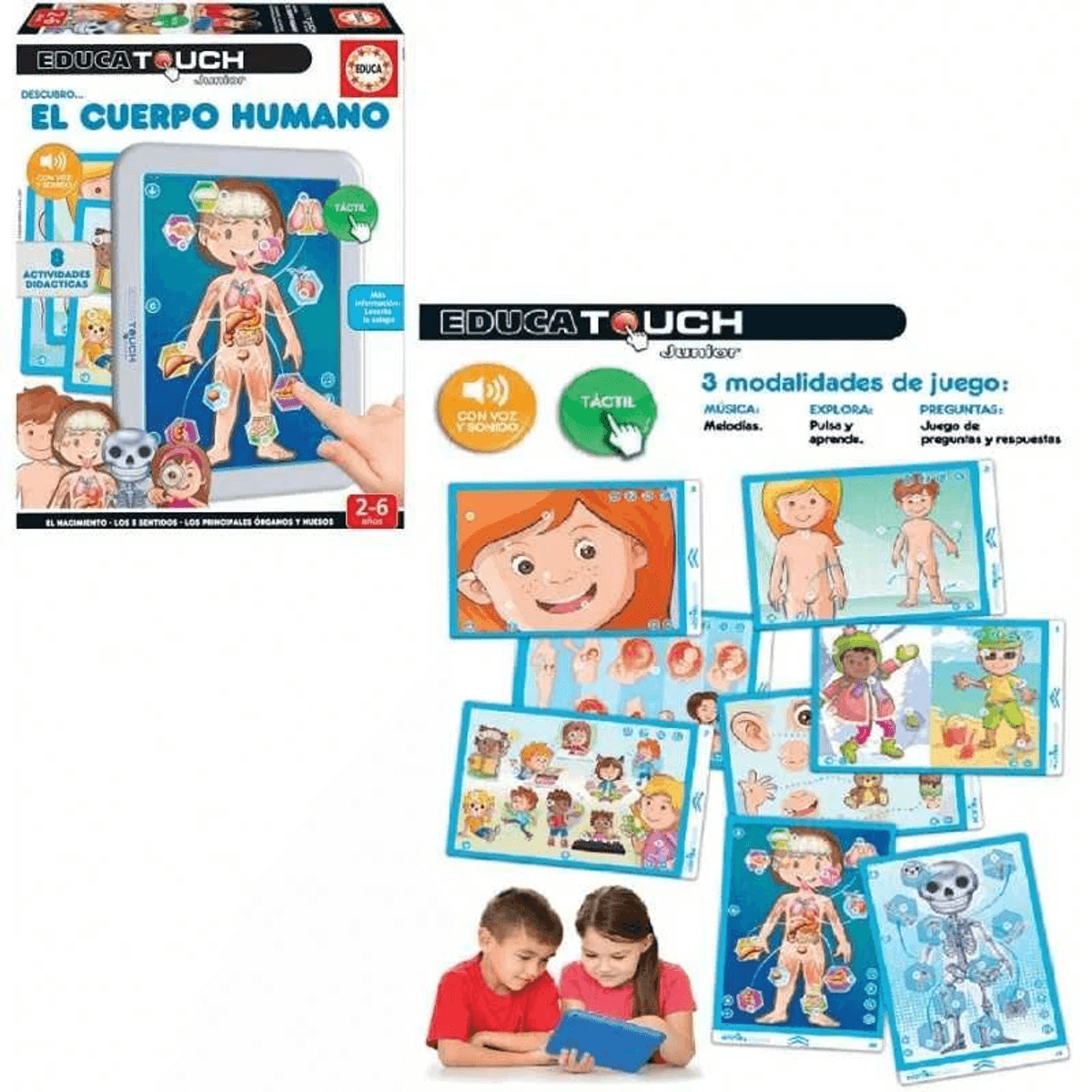 Juguete EducaTouch Junior que muestra anatomía humana y actividades.