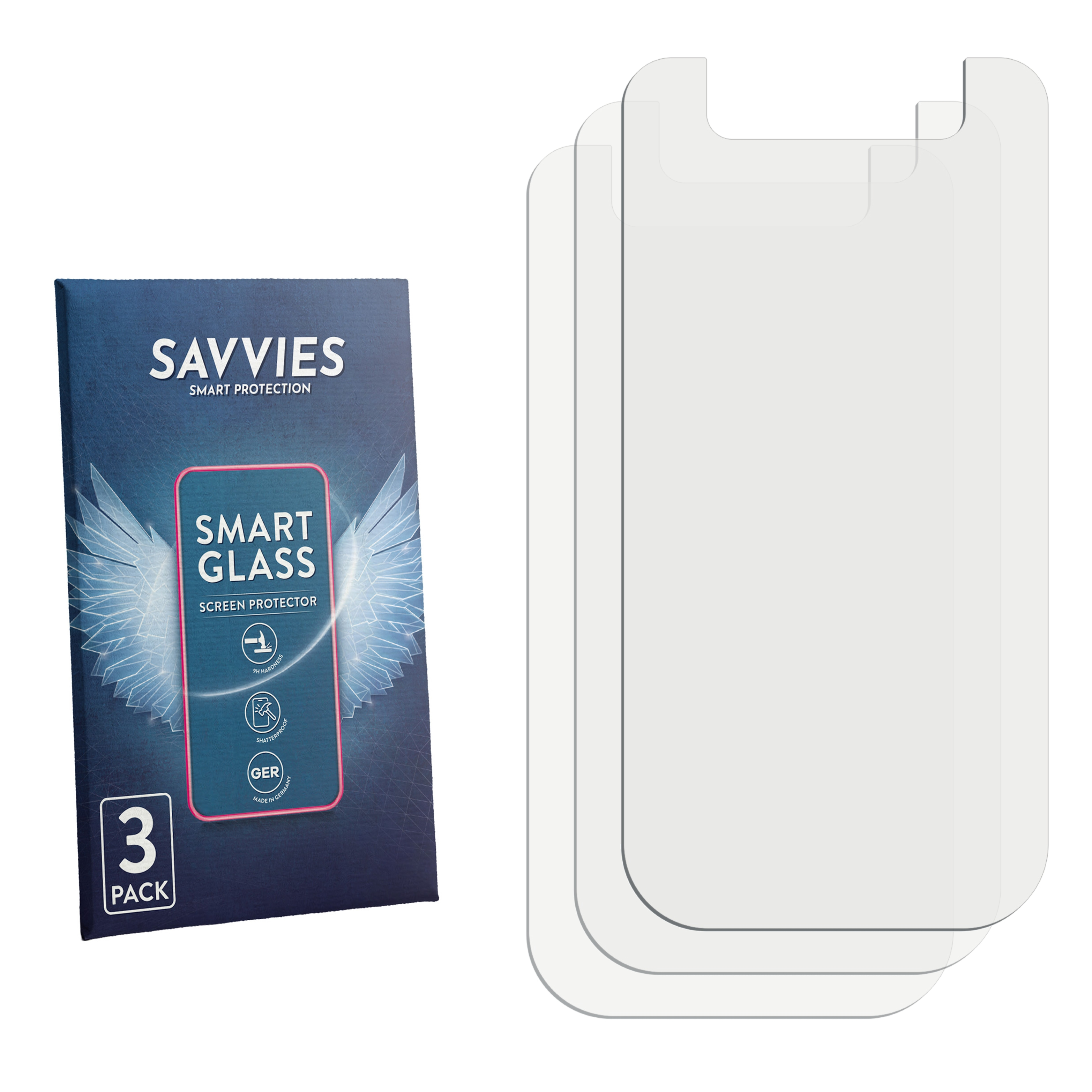 Eine Savvies Smart Glass Displayschutzfolie 3er-Pack-Box und drei klare Schutzfolien.