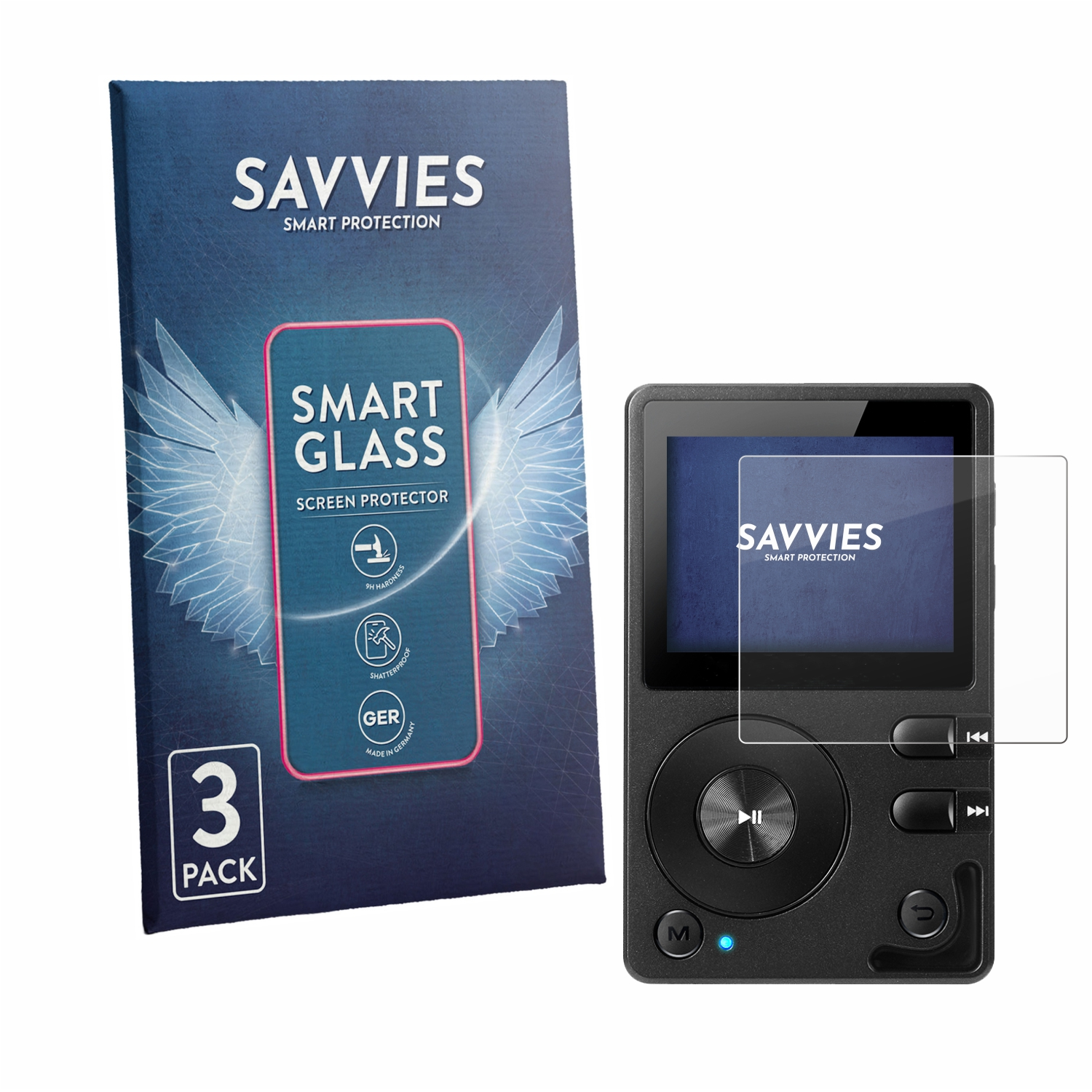 Ein schwarzer Musikplayer mit einem Displayschutz von Savvies daneben.