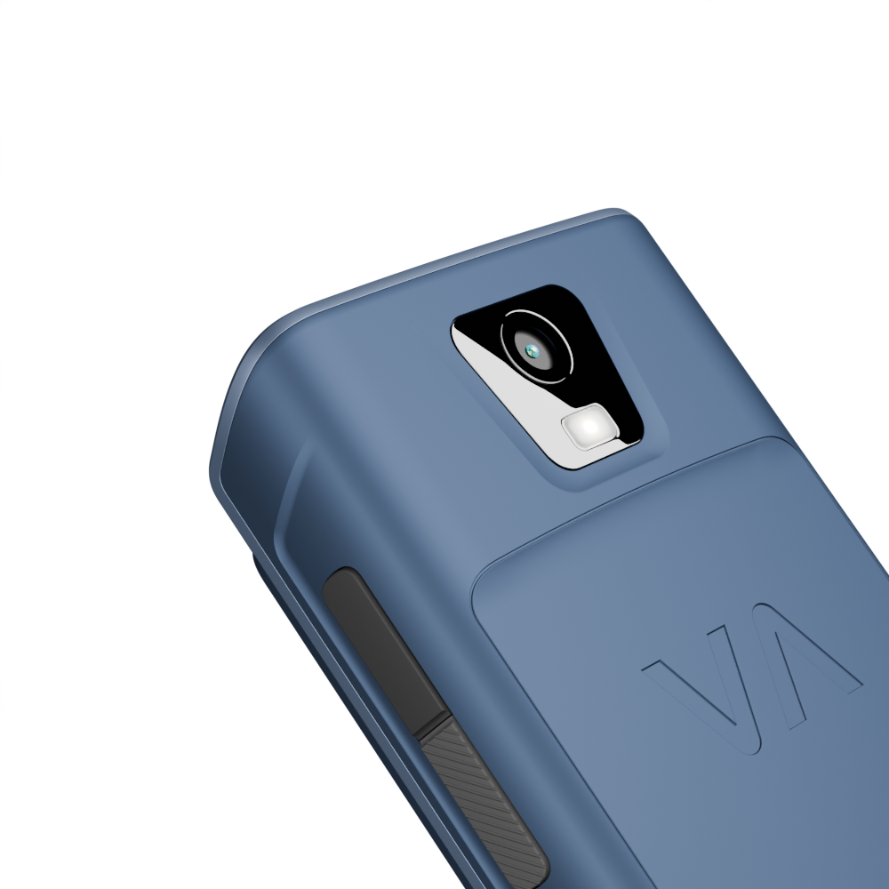 Blaue Handyrückseite mit Kamera und Blitz, Logo 'VA'.
