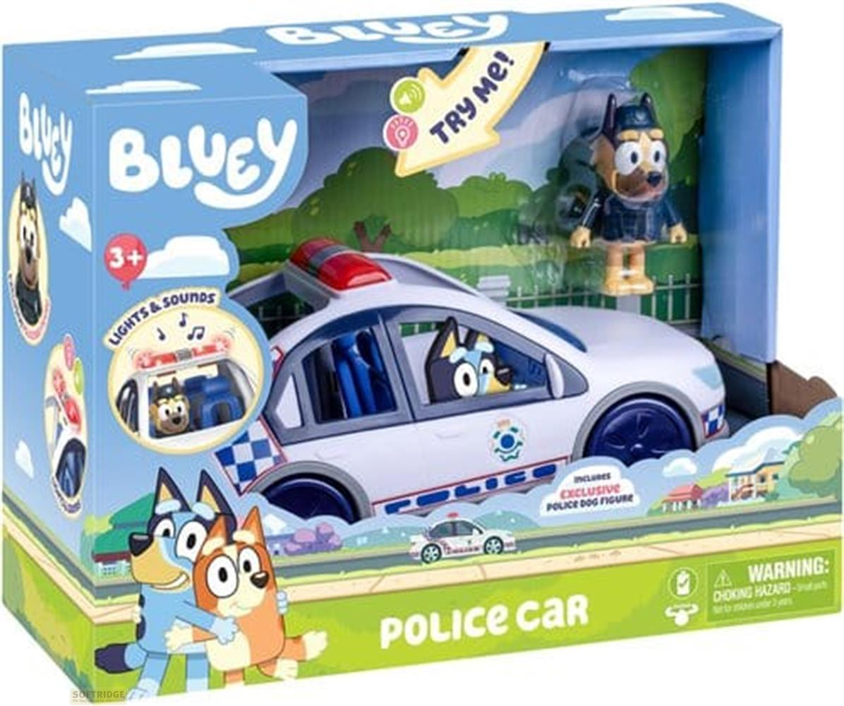 Caja de juguete Bluey Coche de Policía con figuras de Bluey y Bingo, y figura de perro policía.
