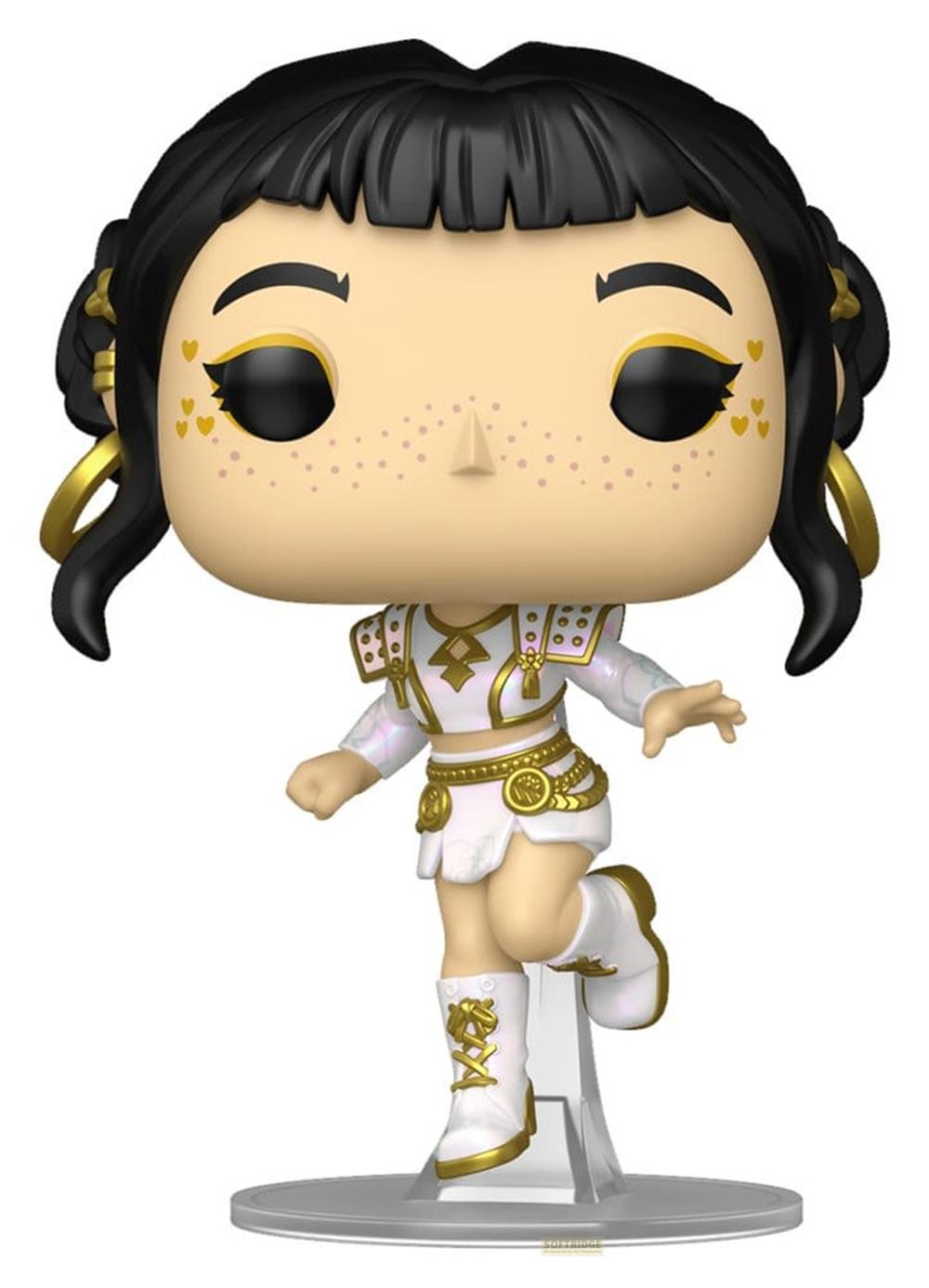 Una figura Funko Pop de una mujer con atuendo blanco y adornos dorados.