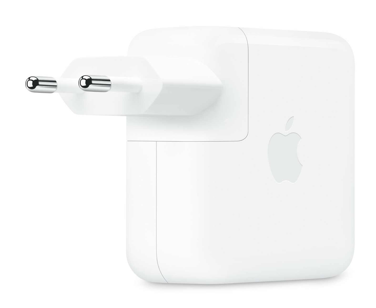Un adattatore di alimentazione Apple bianco con due pin metallici e il logo Apple.