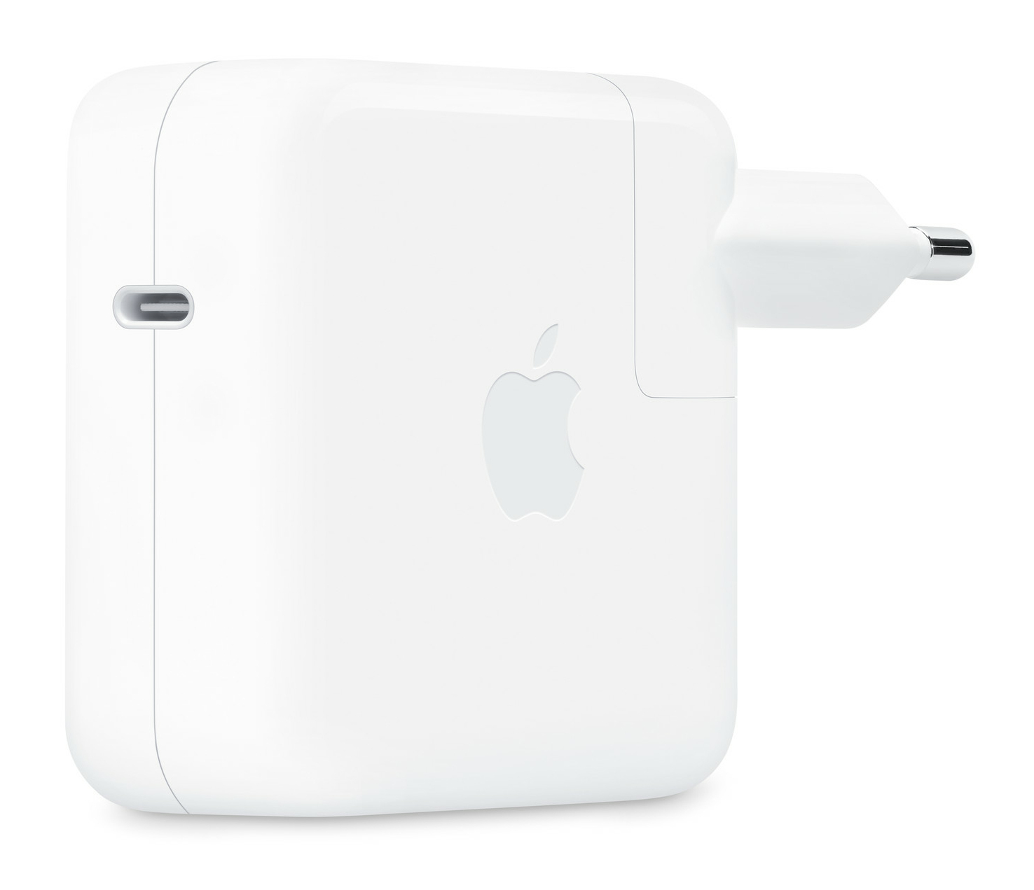 Alimentatore USB-C bianco Apple con logo in rilievo e spina pieghevole.