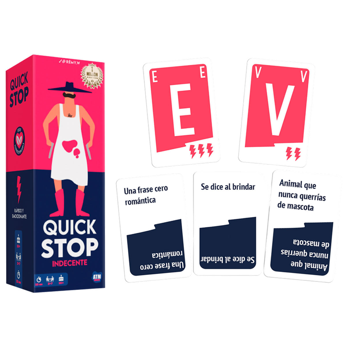 Caja y cartas del juego de mesa Quick Stop. Caja muestra hombre con pistolas. Cartas con letras E, V.