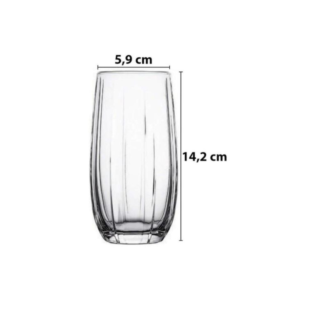 Dikey oluklu şeffaf bardak. Boyutlar: 5,9 cm en, 14,2 cm yükseklik.