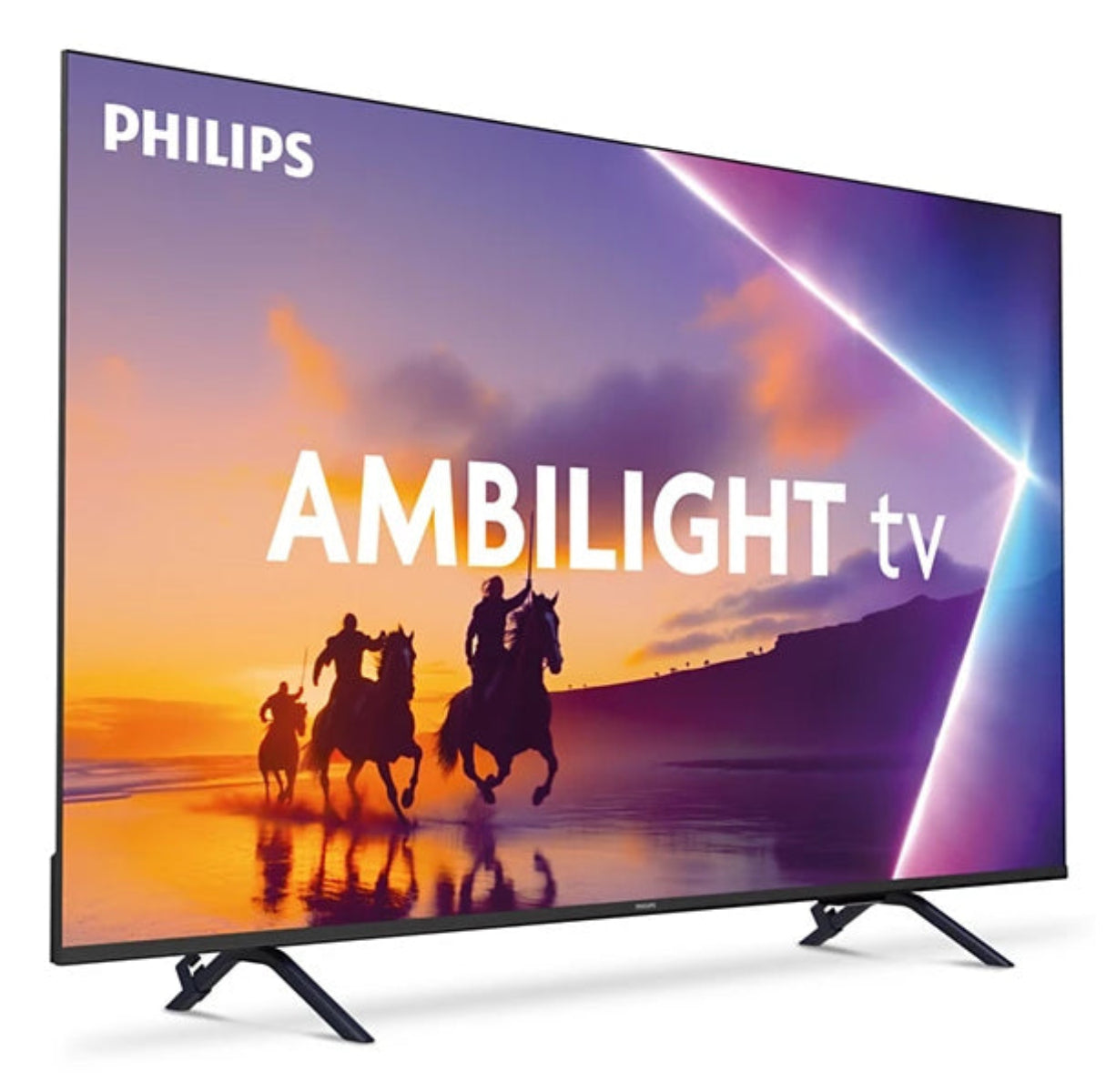 Philips Ambilight TV displaying a beach and horse riders scene at sunset.