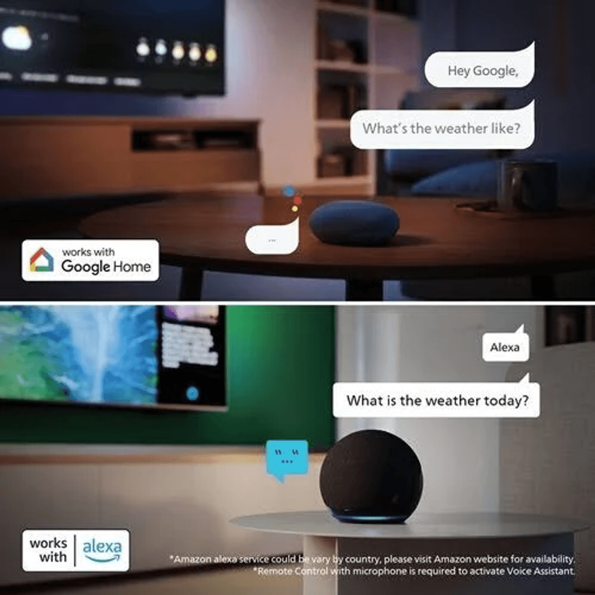 Google Home and Alexa smart speakers asking about the weather.