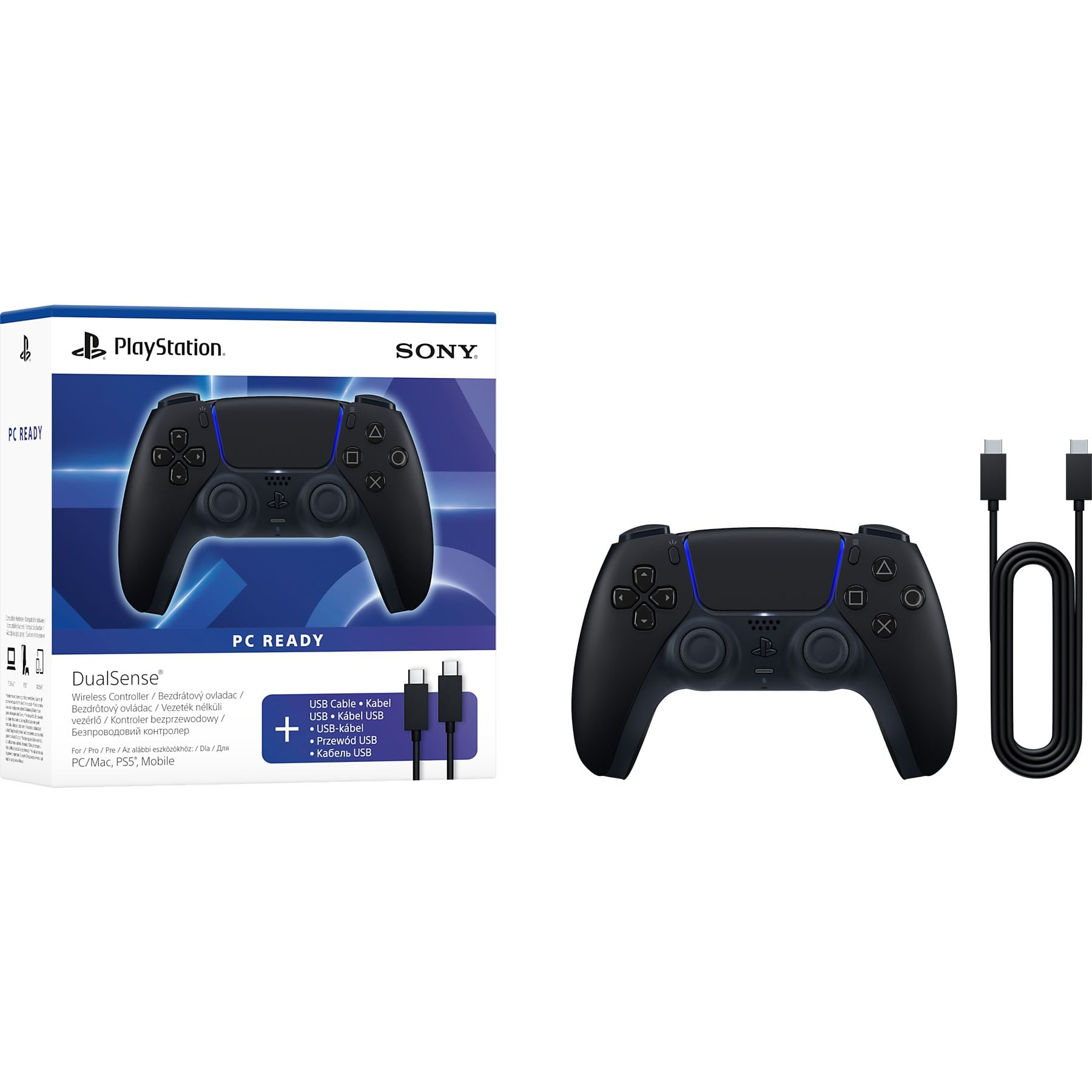 Un controller DualSense PlayStation nero con luce blu e cavo USB.