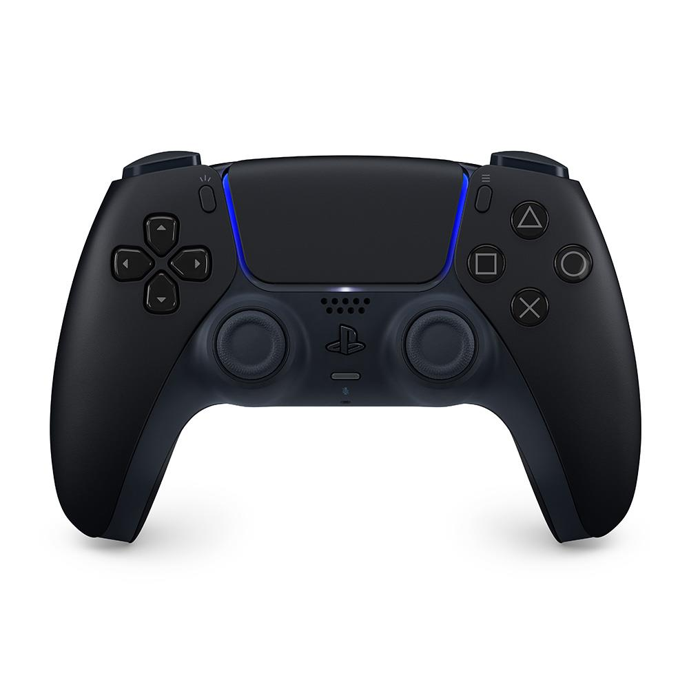 Un controller PS5 nero con accenti blu e due stick analogici.