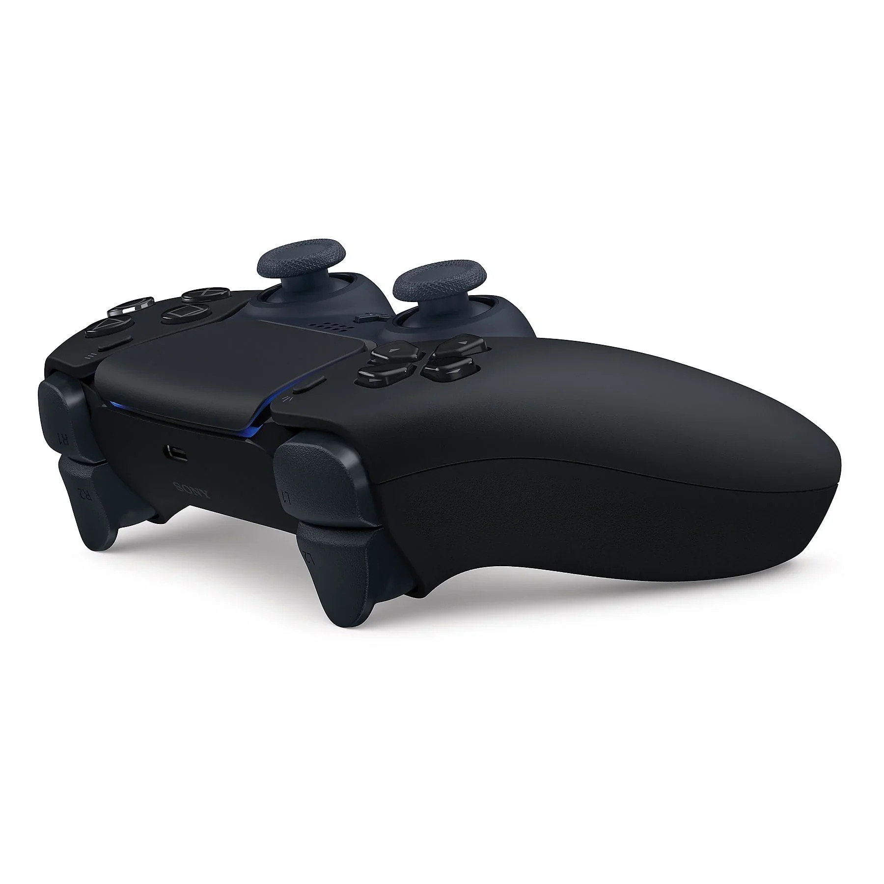 Controller di gioco nero con due joystick, pulsanti e illuminazione blu.