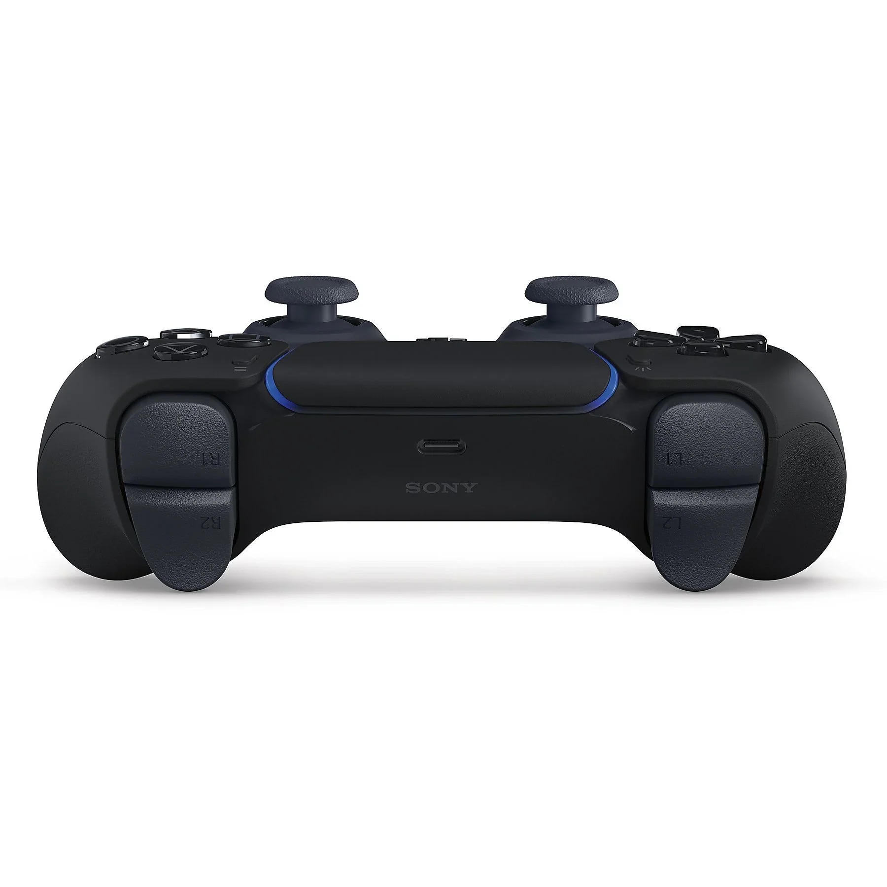 Controller nero PlayStation 5 visto da dietro, con logo Sony e porta USB-C.